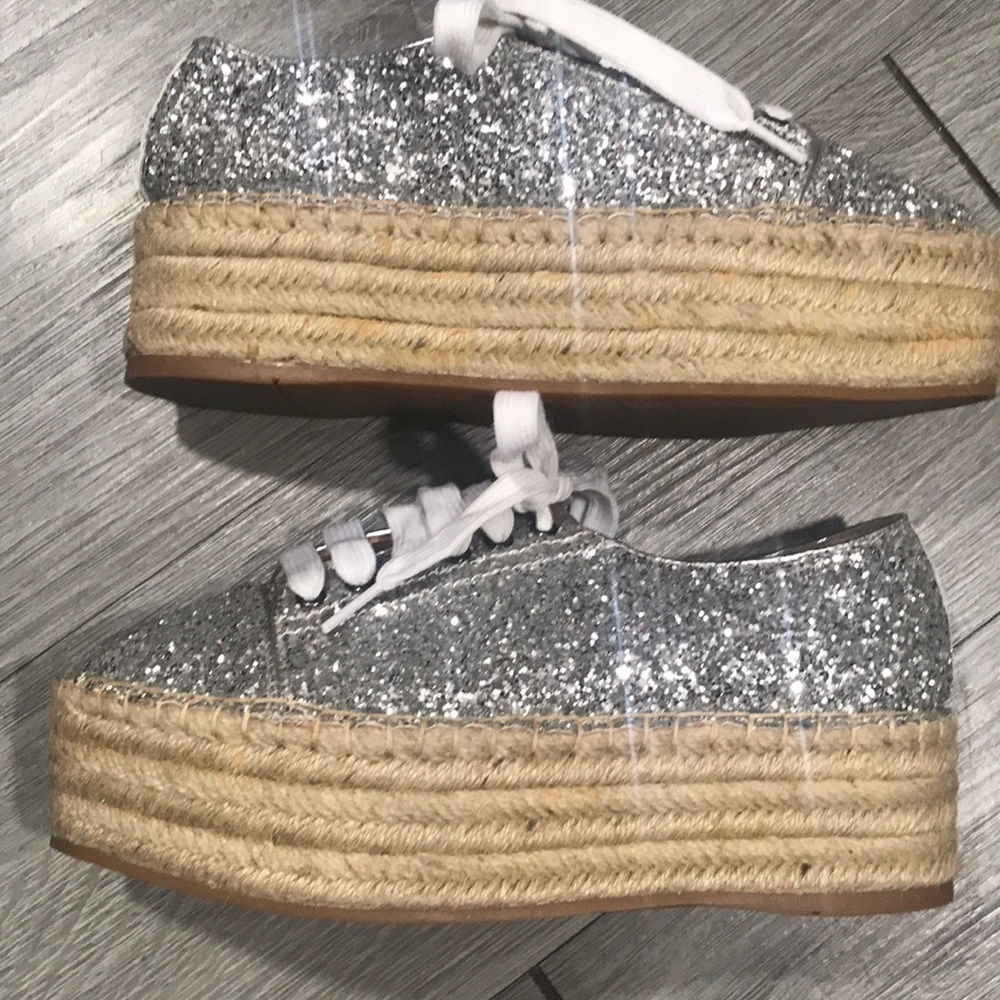 Miu‎ Miu Silver Glitter Metallic Espadrille Sneakers      size 6